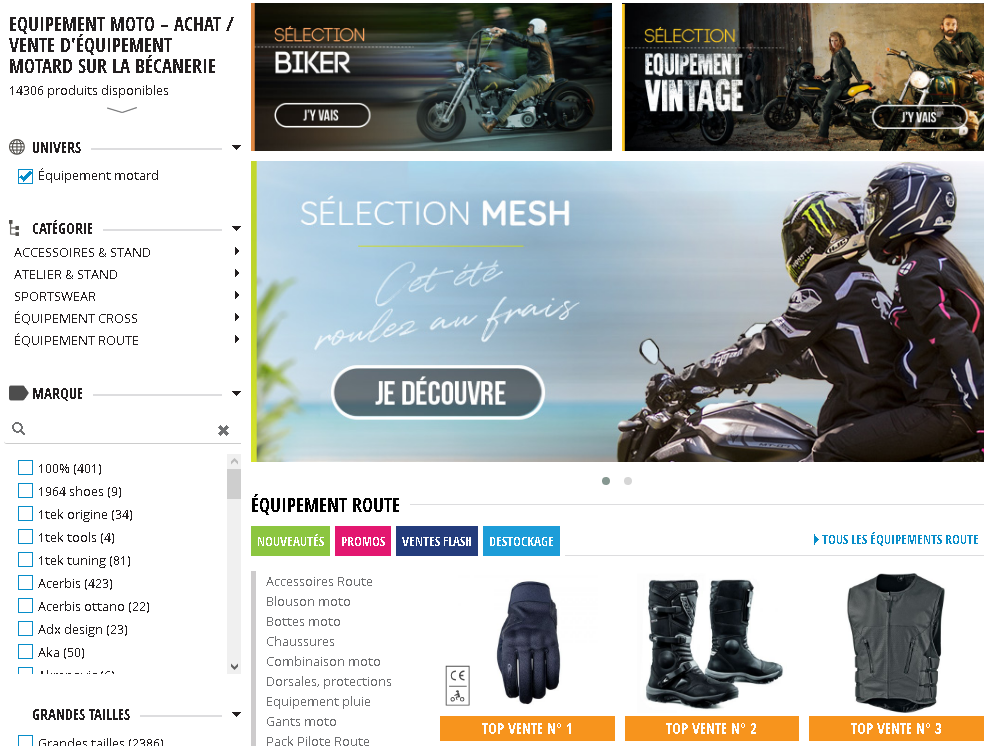 Page Equipement Motard sur le site la becanerie